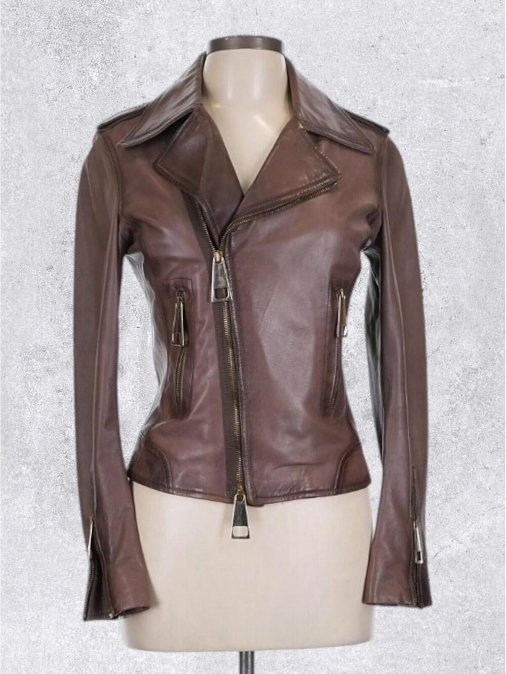 Yes London Italia Brown 100% Leather Biker Full Zip Moto Jacket IT 42